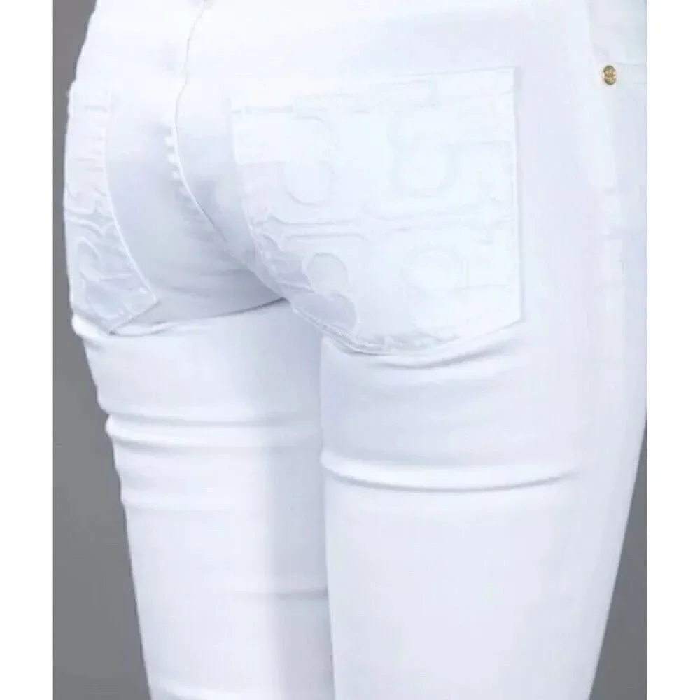 Tory Burch white classic Tory boot Jeans White pockets logo sz 28